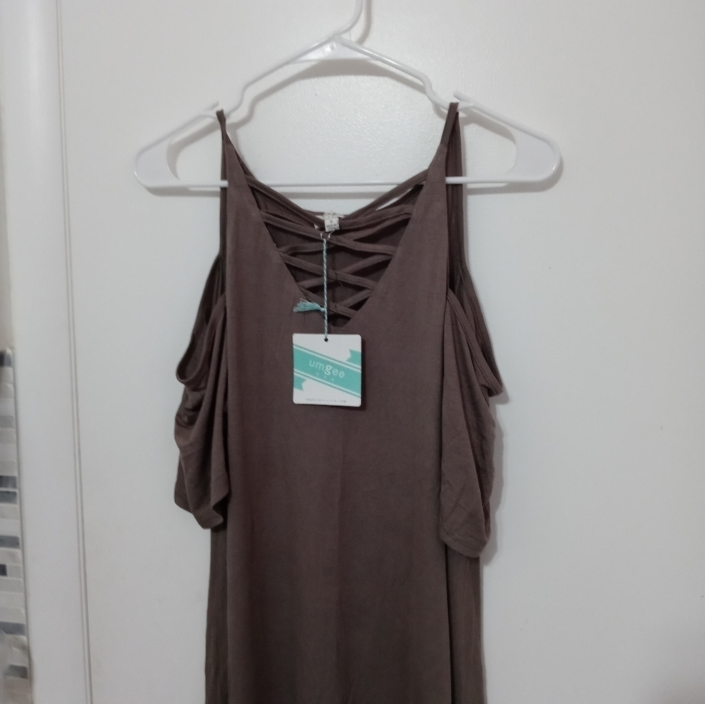 Umgee Cold Shoulder Crisscross strap front Army Green Mini Dress/Tunic Blouse